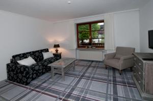 ein Wohnzimmer mit einem Sofa und einem Stuhl in der Unterkunft Alpenvilla Berchtesgaden Hotel Garni in Berchtesgaden