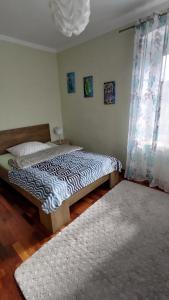 een slaapkamer met een bed en een tapijt en gordijnen bij Fajne Miejsce in Wambierzyce
