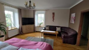 a living room with a couch and a tv at Fajne Miejsce in Wambierzyce