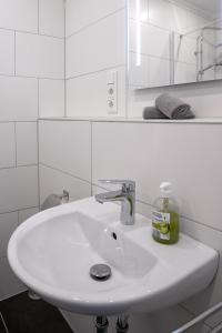 a white sink in a bathroom with a mirror at Ferienhaus Schwalbe in Berumbur