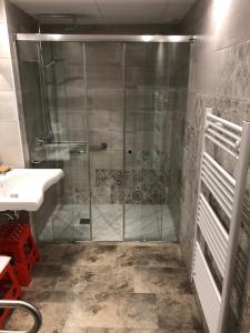 a shower with a glass door in a bathroom at Casa FOR HABITACIONES in Labuerda