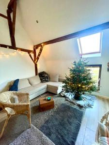 a living room with a christmas tree and a couch at Petit duplex cosy coup de coeur, dans ferme de charme du 18 è siècle au milieu des champs in Bossut-Gottechain
