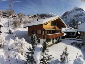 a wooden house in the snow with a mountain at Delightful 4star Chalet Kiwi Apt in Grindelwald +6 photos