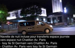 a small van driving down a street at night at Issy Citea Access dayuse Room - Work and Day Rest Timeshare -- 2 min tram - Formule Temps Partagé -- Navette ile d'Issy Avenue Paris 92320 espace nuit in Issy-les-Moulineaux