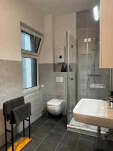 a bathroom with a shower and a toilet and a sink at Modernes Apartment am Marienplatz, Schwerin in Schwerin +11 photos