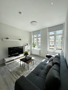 a living room with a couch and a tv at Modernes Apartment am Marienplatz, Schwerin in Schwerin