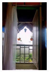 an open window with two potted plants on it at Darjeeling Nest in Darjeeling