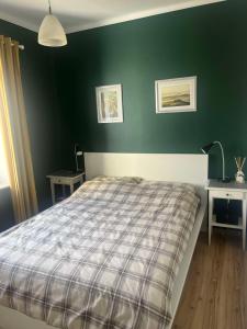 a bedroom with a bed and a green wall at Dom na Zdrowiu in Łódź