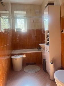 a bathroom with a tub and a toilet and a sink at Dom na Zdrowiu in Łódź