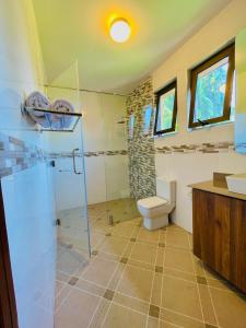a bathroom with a toilet and a glass shower at Bliss House in Dar es Salaam +20 photos