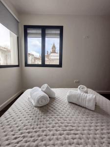 una camera da letto con un letto grande con asciugamani sopra di Preciosa Casa Centro Histórico Jerez, Parking privado+ WI-FI a Jerez de la Frontera
