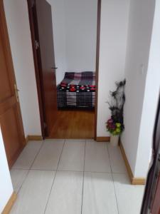 Cette chambre dispose d'un couloir avec une porte et un lit. dans l'établissement Garsoniera, à Ocniţa