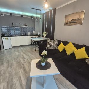 Una sala de estar con un sofá negro y una mesa. en ART APARTAMENT MIELNO, en Mielno 12 fotos más