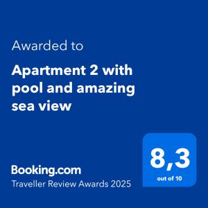 Certifikát, hodnocení, plakát nebo jiný dokument vystavený v ubytování Apartment 2 with pool and amazing sea view