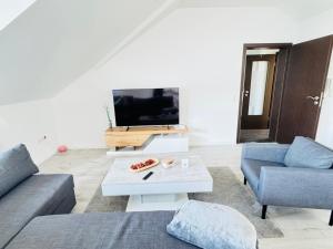 ein Wohnzimmer mit einer Couch und einem Couchtisch in der Unterkunft 23-schöner Wohnen, großes Apartment für 5-6 Personen in super Lage in Duisburg