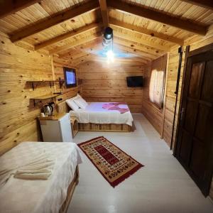 a bedroom with two beds in a wooden cabin at Vrasna Houses in Dikili