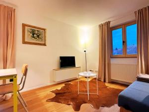 a living room with a couch and a table and a tv at Charmantes Apartment - für 2-4 Personen - modern, ruhig, Parkplatz in Passau