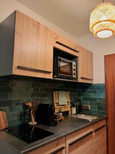 a kitchen with a sink and a microwave at Appartement 32 in Triberg +5 photos