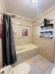 a bathroom with a tub and a toilet and a sink at Fontains Vacation House in Palm-Eagle Beach