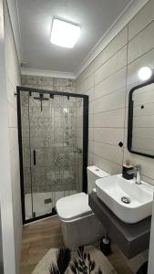a bathroom with a toilet and a sink and a shower at Juniors Country House in Vila Boim
