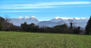 a field with snow capped mountains in the background at Lou Cigalou - Au Calme - Grand Jardin - Piscine Partagée - Parking - Campagne et Idéalement Situé Proche A7 et Montélimar in Sauzet