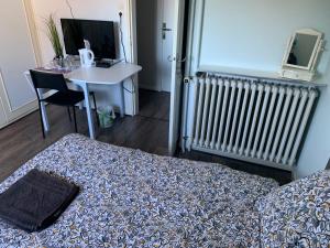 a room with a bed and a desk and a table at Chez Tiina in Colmar +13 photos