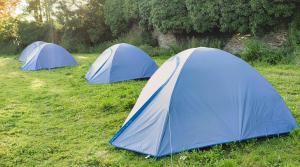 two blue tents sitting in a field of grass at Camping Vieilles Charrues Petit-déjeuner navette et priscine inclus dans le prix proche Carhaix in Motreff