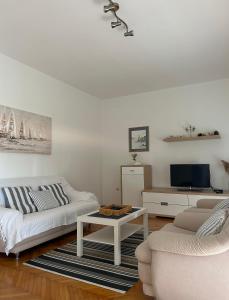 a living room with two white couches and a tv at Holiday Home Villa Emma in Debeljak +34 photos