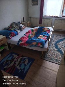 a bedroom with a bed and two rugs on the floor at Chata u Petra in Zahorčice +165 photos