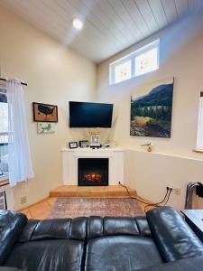 a living room with a couch and a fireplace at Henry Hollow Retreat Terrace in Eureka Springs