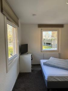 a bedroom with a bed and a television and two windows at M & E Ferienwohnung in Bad Mergentheim