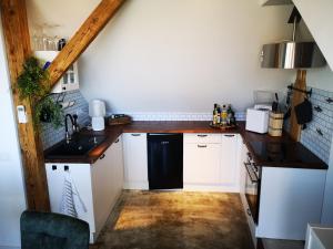 a small kitchen with white cabinets and a black dishwasher at Ferienwohnung mit Rheinblick in Kalkar