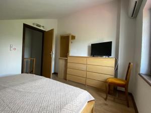 una camera da letto con un letto e una TV a schermo piatto di Ferienhaus Soline a Soline