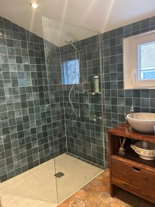 łazienka z prysznicem i umywalką w obiekcie Maison d'hôtes L'ormerie- Au coeur de la ville médiévale w mieście Provins