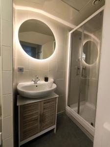 ポーにあるCentre ville Spacieux Quartier animéの洗面台と鏡付きシャワーを備えたバスルーム