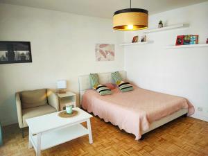 a bedroom with a bed and a chair and a table at T1 proche de Genève - Parking, zone calme et bien desservie - belle vue in Annemasse