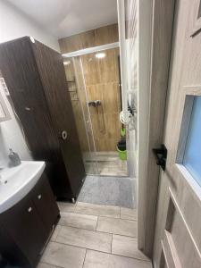 a bathroom with a shower and a toilet and a sink at Wiejska Sielanka w Garbatce-Letnisku in Garbatka-Letnisko