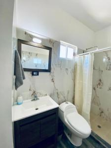 a bathroom with a sink and a toilet and a mirror at Departamento Arrecife in La Paz