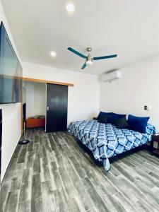 a bedroom with a bed and a ceiling fan at Departamento Arrecife in La Paz