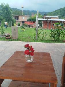 a vase of red flowers sitting on a wooden table at Encanto de Lozano in Lozano