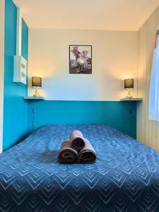 Un dormitorio con una cama con una toalla encima. en Studio confort - Portet-sur-Garonne, en Portet-sur-Garonne