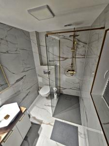 a bathroom with a shower and a toilet at Apartamenty nad Kamiennym Potokiem 2 in Szczytna +3 photos