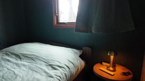 a bedroom with a bed and a table with a lamp at Chalet Vuurvos - gelegen in Drenthe met prachtig wandel en fiets gebied in Eext
