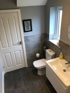 a bathroom with a white toilet and a sink at Open plan Studio Apartment in Royal Wootton Bassett +6 photos