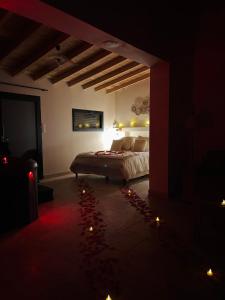 a bedroom with a bed with lights on the floor at Love room Le Cabanon Spa in Arles +3 photos