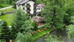 an aerial view of a house in the woods at Casa Valea Cernei in Isverna