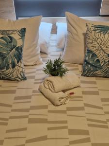 una cama con almohadas y una planta en el suelo en La Ruta de las luces de Vigo, en Vigo 56 fotos más