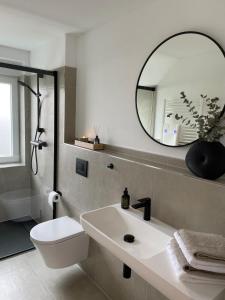 Un baño con lavabo, inodoro y espejo. en Finkennest Bad Harzburg, en Bad Harzburg