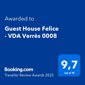 Certifikát, hodnocení, plakát nebo jiný dokument vystavený v ubytování Guest House Felice - VDA Verrès 0008