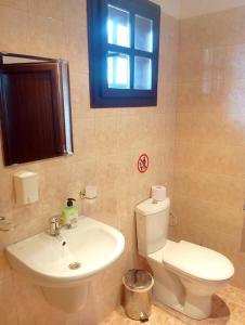 a bathroom with a toilet and a sink and a window at Кедър 5 in Dolna Banya +31 photos